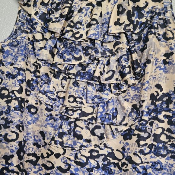 CAbi 100% Silk Top Women's SZ Medium Ruffles Tan/Blue Animal Print Office Party - Picture 6 of 8